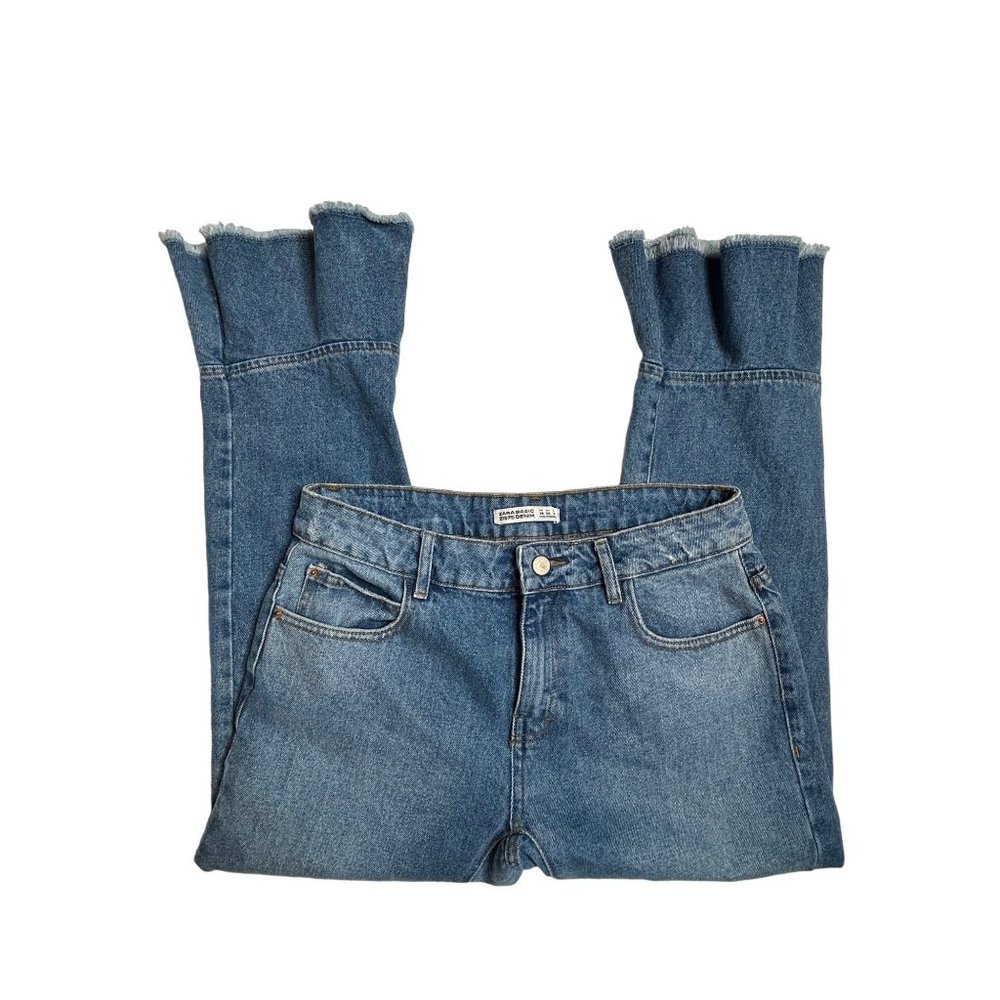 Zara Basic Z1975 Denim Mid Rise Blue Ruffle Flare Size 6 - Picture 4 of 9